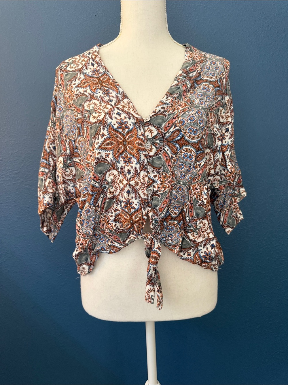Olivaceous Paisley Tie-Front Blouse in Rust, Olive, and Cream